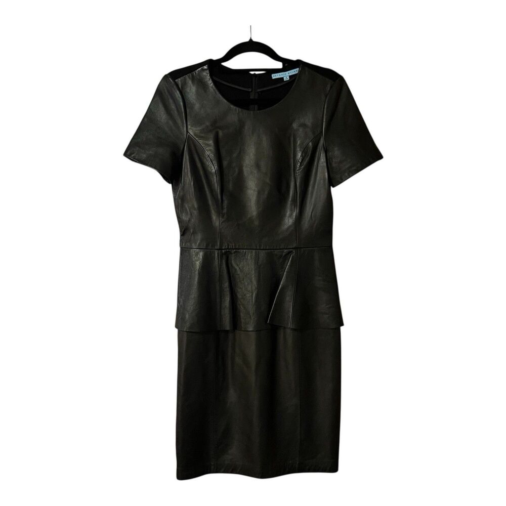 Antonio Melani Black Leather Mixed Media Peplum Wiggle Pencil Dress Size 8